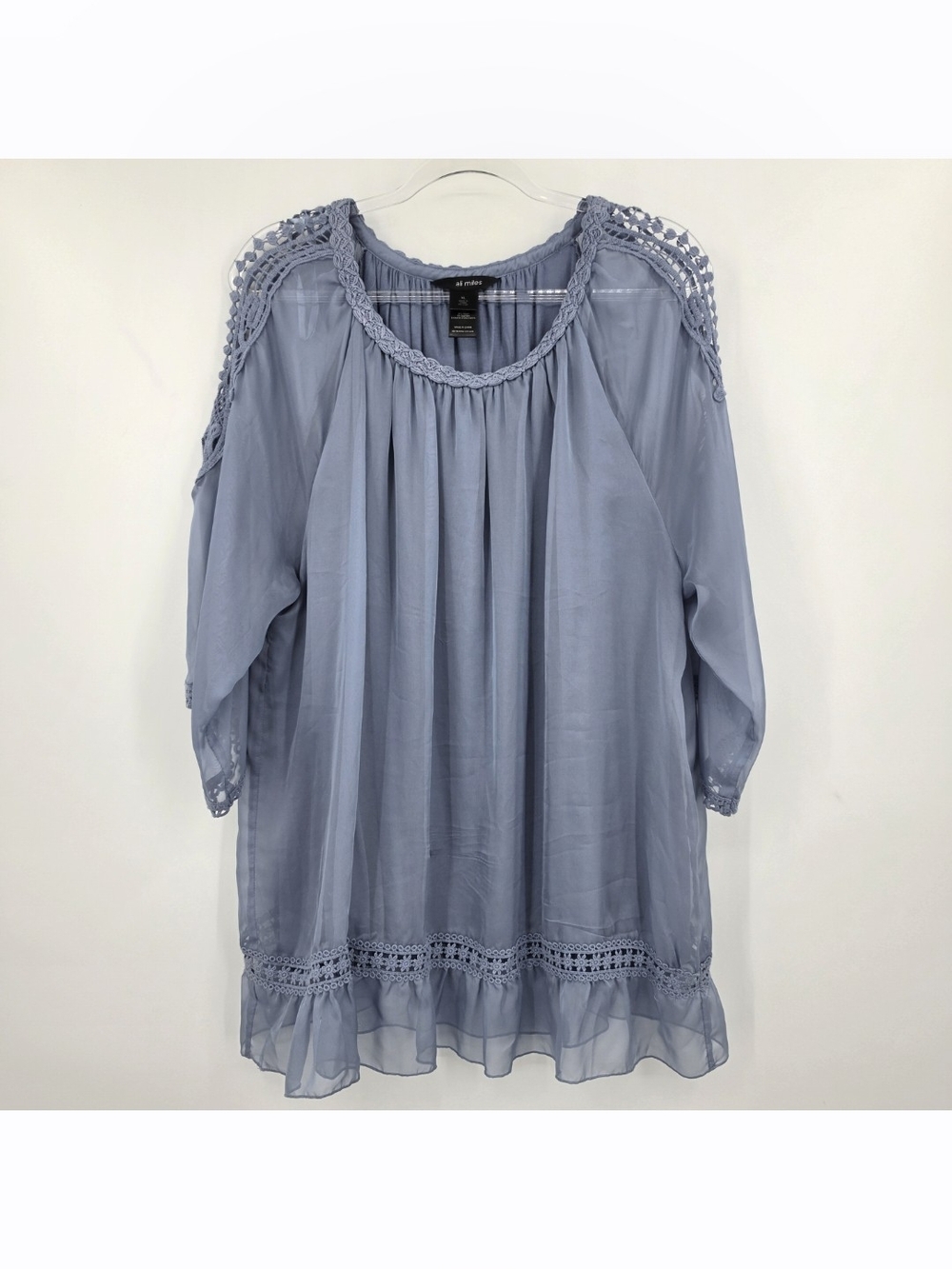 Ali Miles Embroidered Peasant Blouse Top Sheer Overlay XL Periwinkle Blue